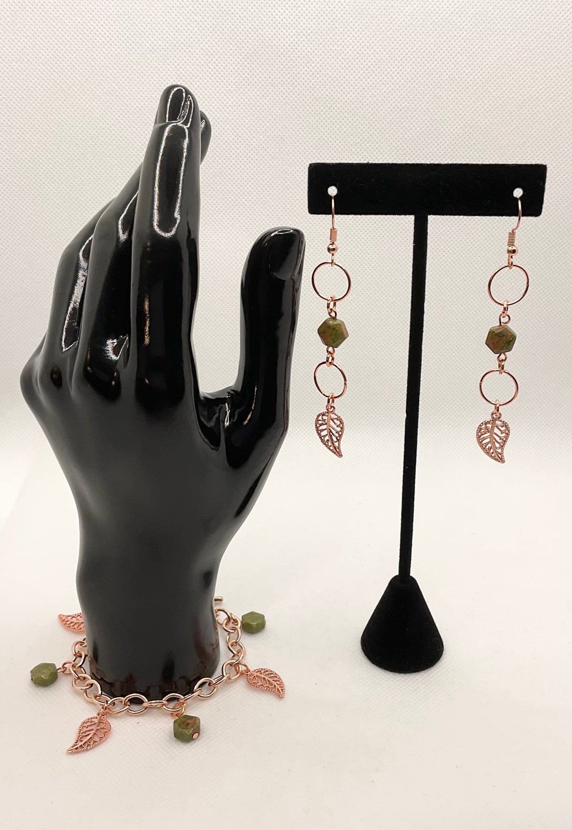 Zuri Love Bracelet and earrings Rose Gold Leaf Set