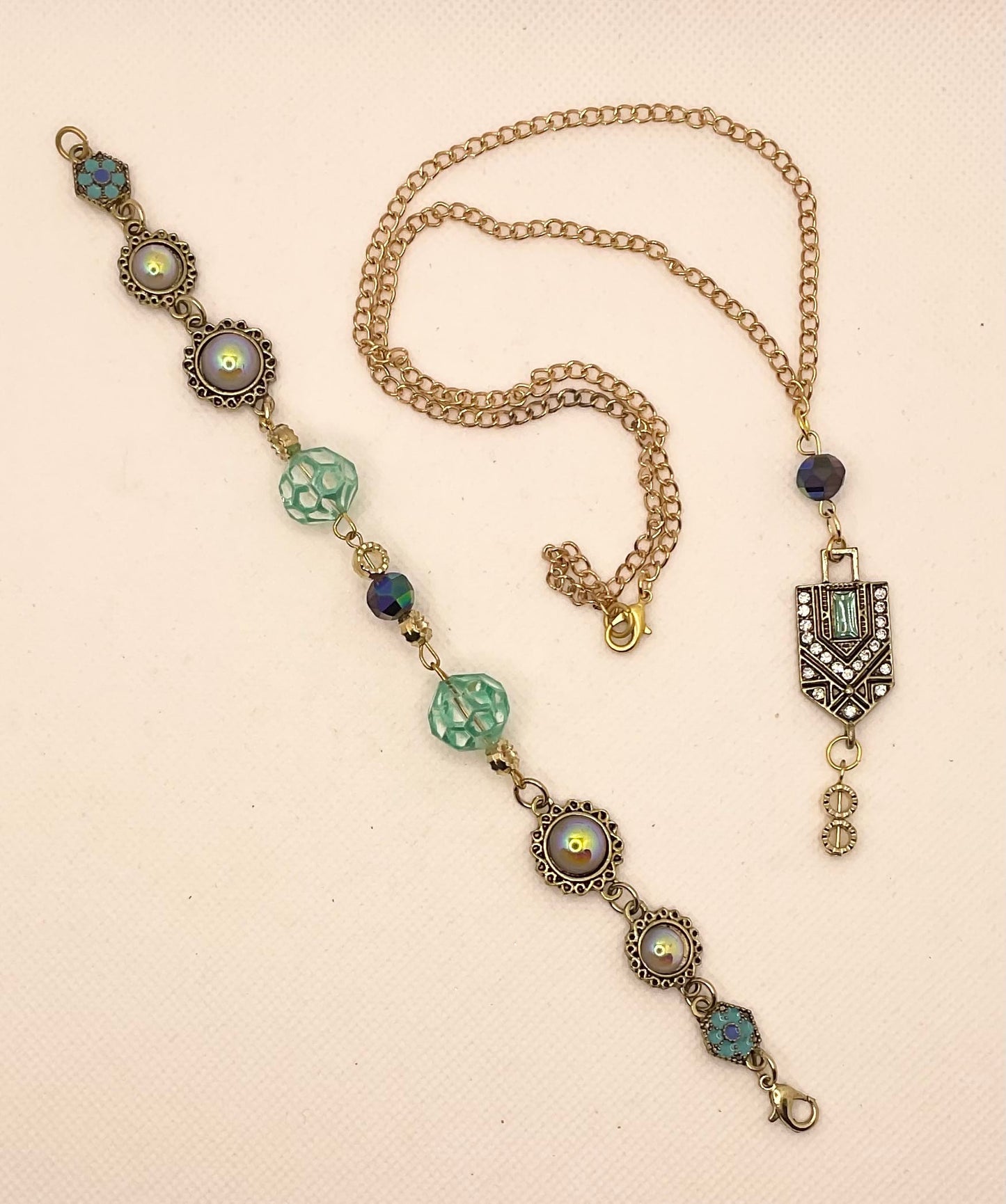 Zuri Love Bracelet and Necklace Teal and Gold Set