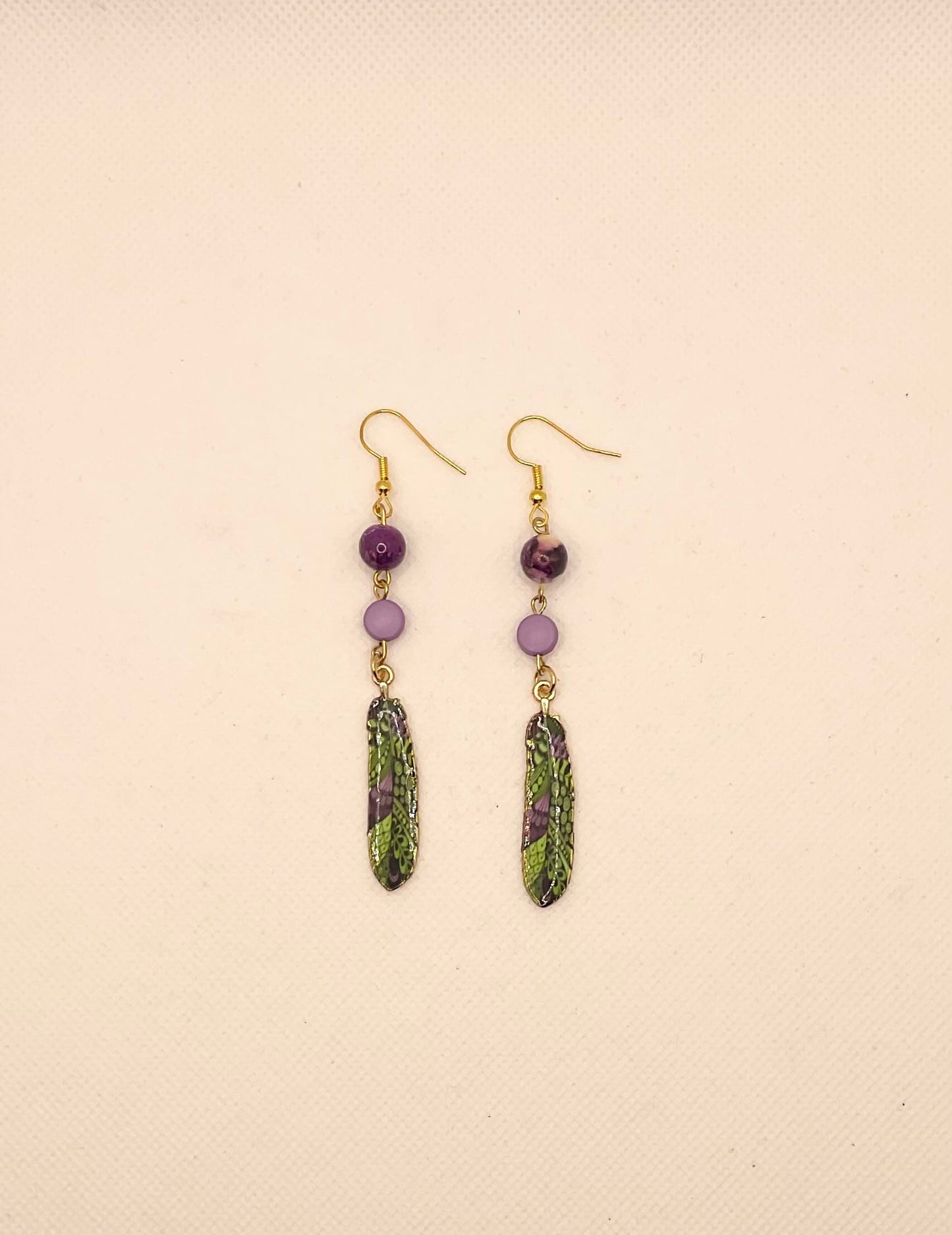 Zuri Love Earrings Green and Purple Feather Earrings Color Size