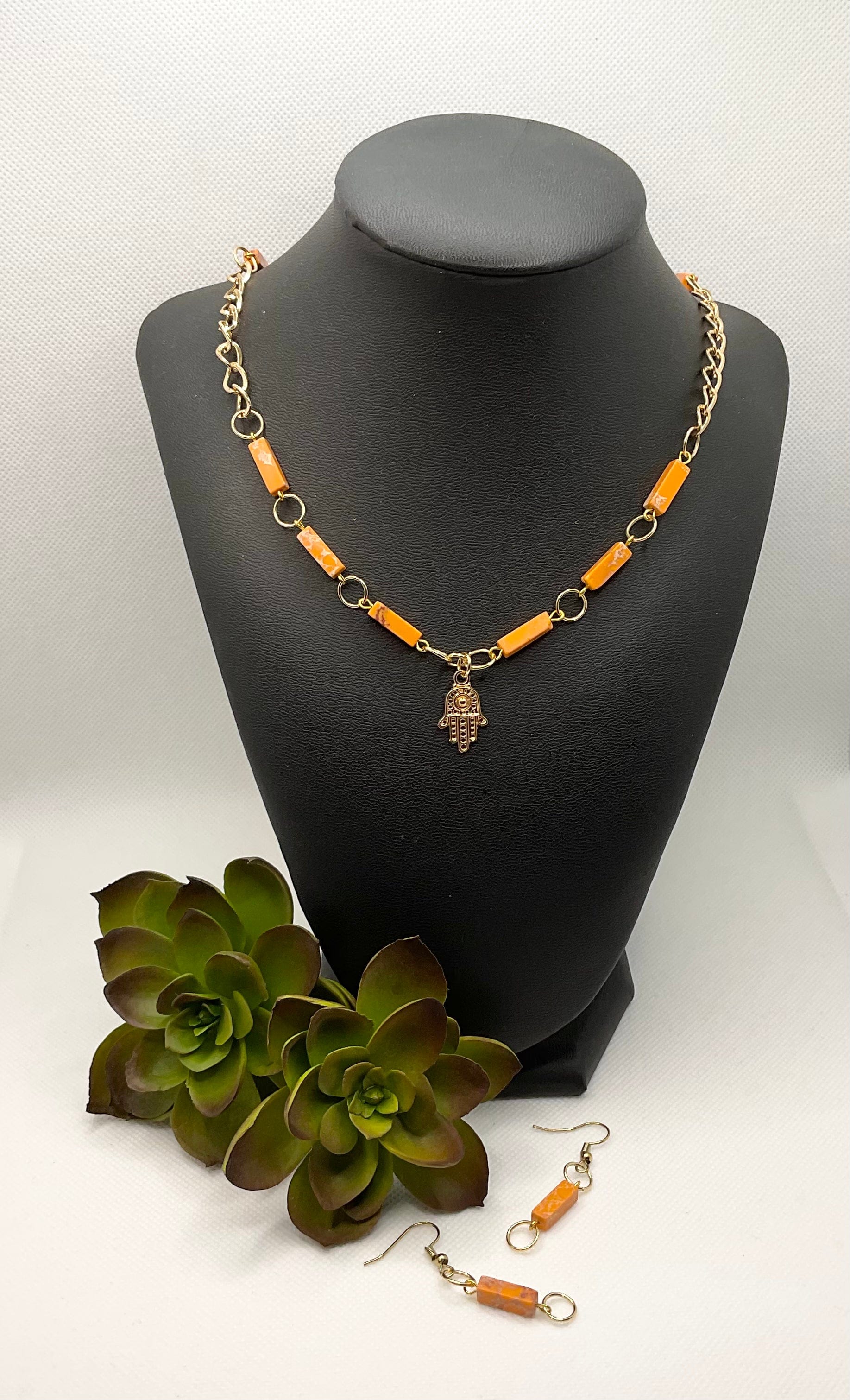 Zuri Love Necklace and earrings Orange and Gold Set