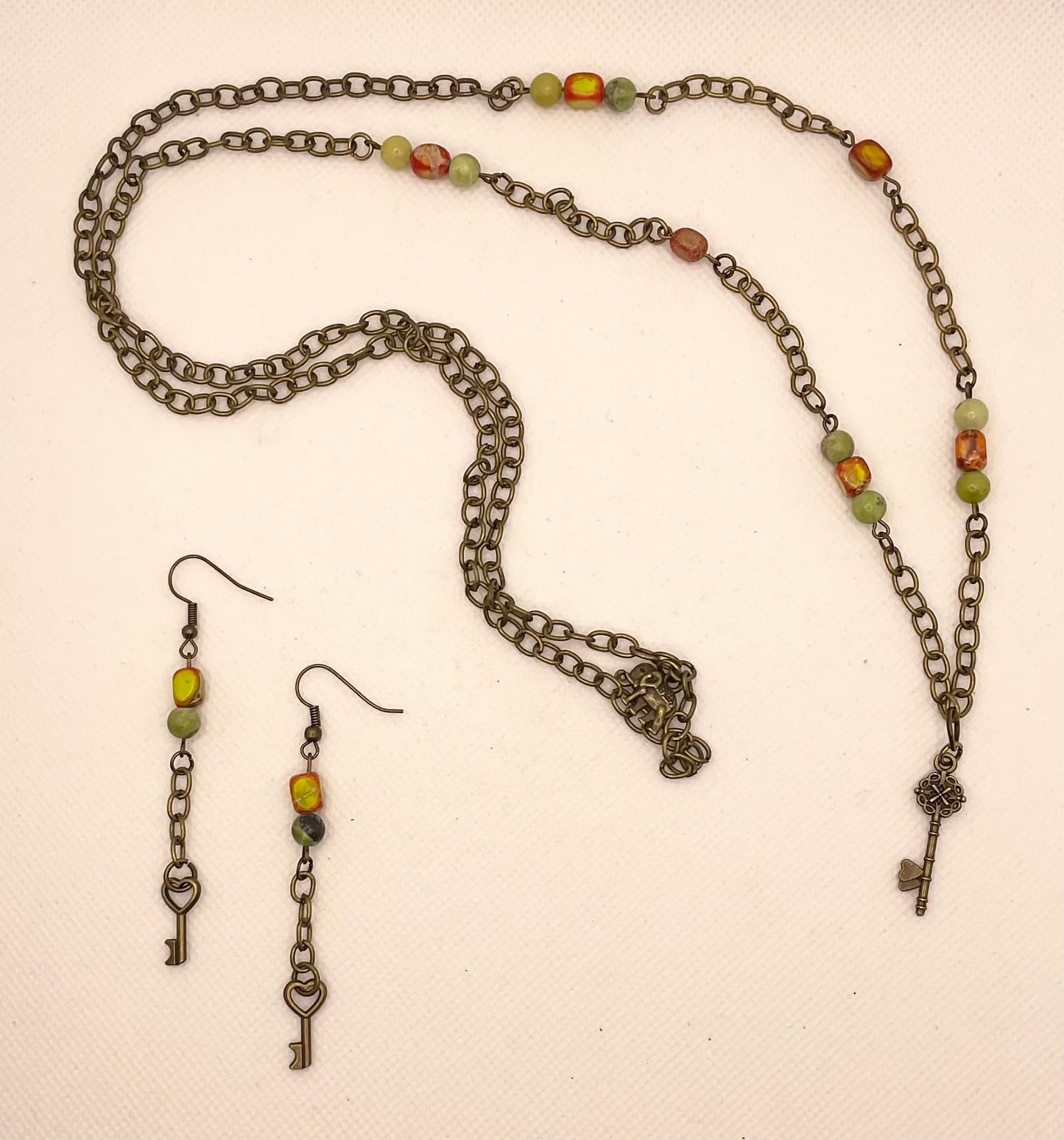 Zuri Love Necklace and earrings Orange and Green Key Set