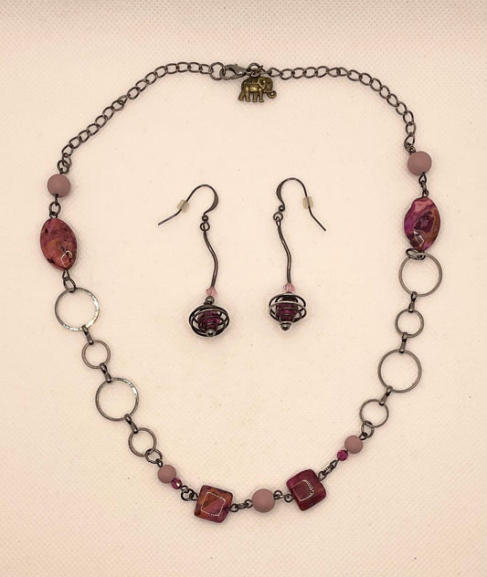 Zuri Love Necklace and earrings Pink and Gray Set