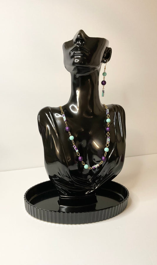 Zuri Love Necklace and earrings Teal and Purple Set