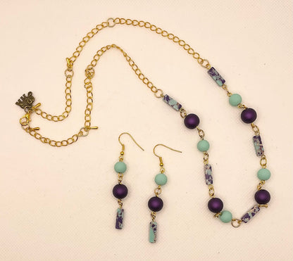 Zuri Love Necklace and earrings Teal and Purple Set