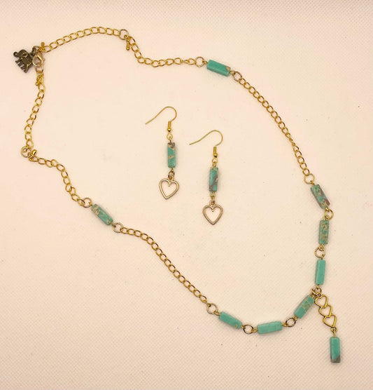 Zuri Love Necklace and earrings Teal Heart Set